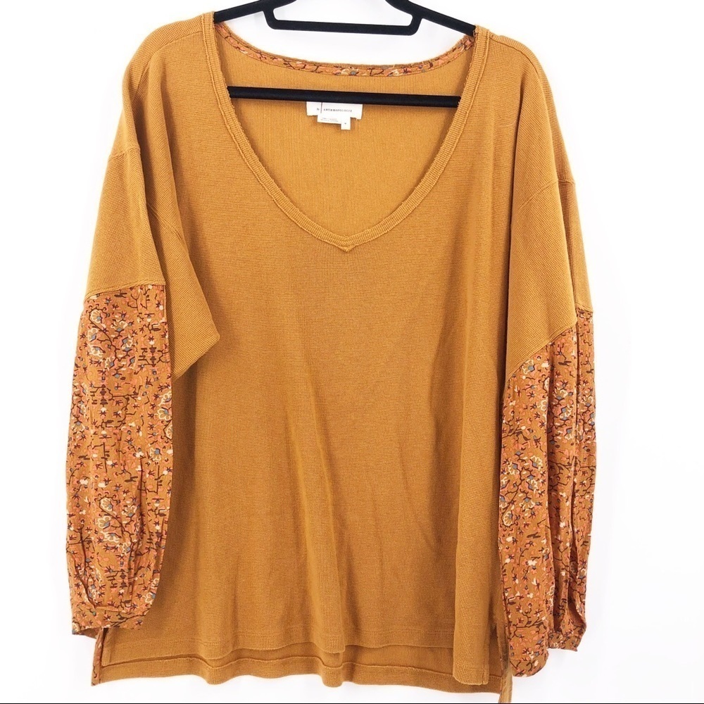 ✅ Anthropologie Camel Brown Floral Waffle Knit Top M OVERSIZED BOHO‎